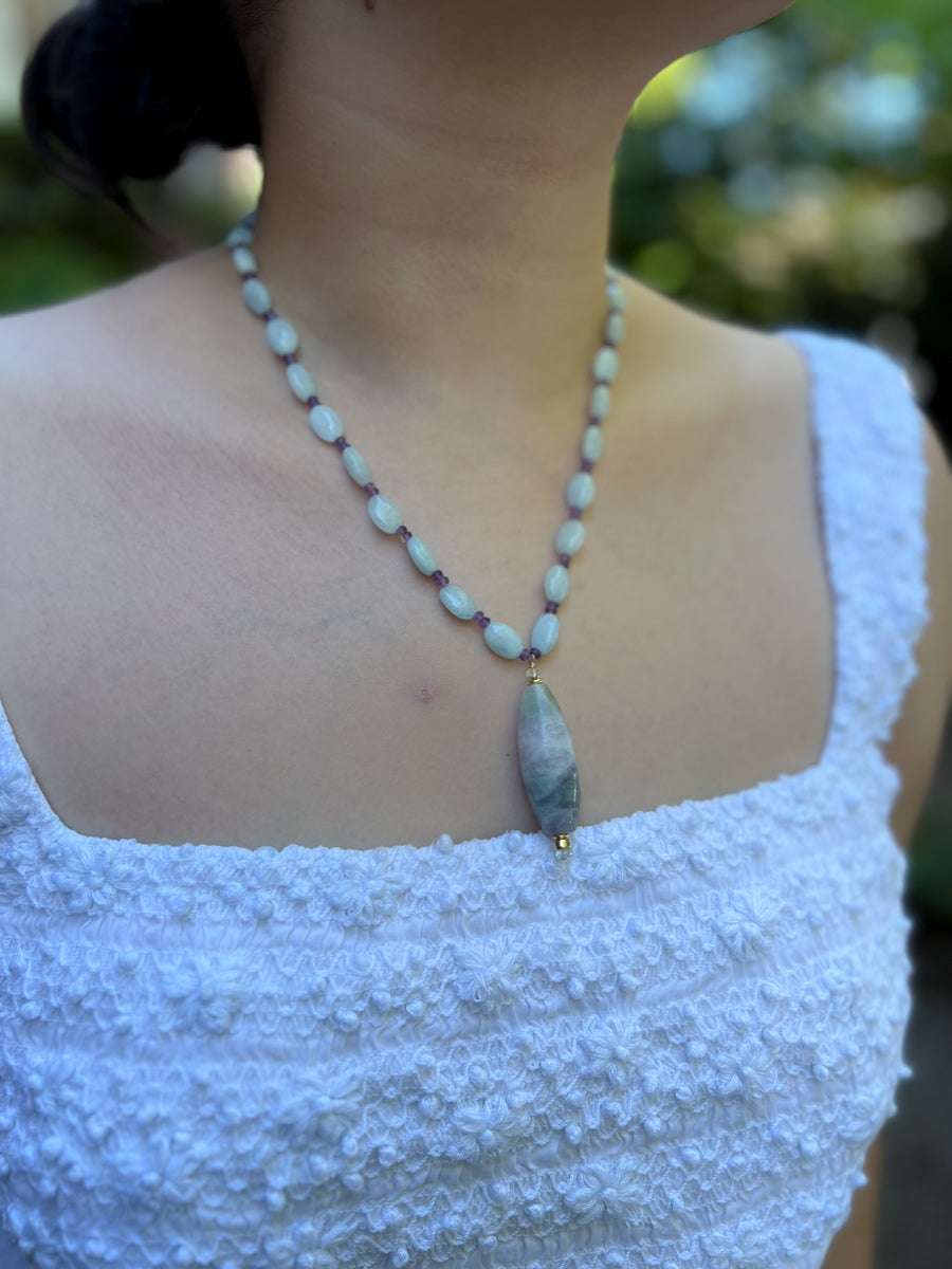 Aquamarine and Amethyst Necklace with Fluorite Pendant