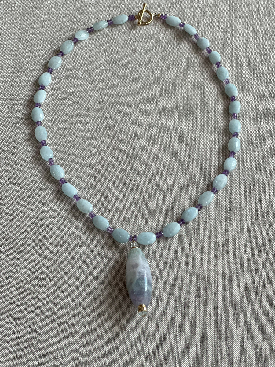 Aquamarine and Amethyst Necklace with Fluorite Pendant