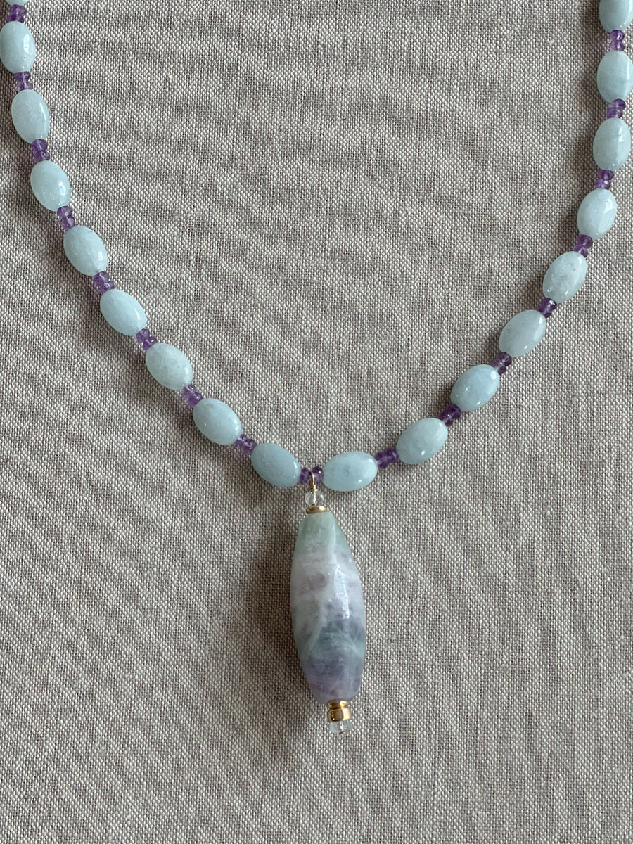 Aquamarine and Amethyst Necklace with Fluorite Pendant