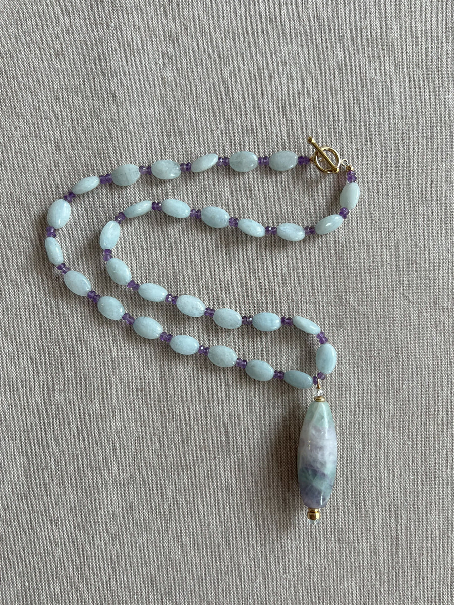 Aquamarine and Amethyst Necklace with Fluorite Pendant