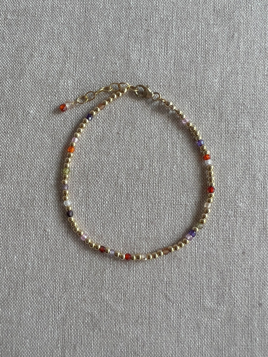 Gold Beaded Bracelet with Multi Colored Cubic Zirconia Accents, 3mm