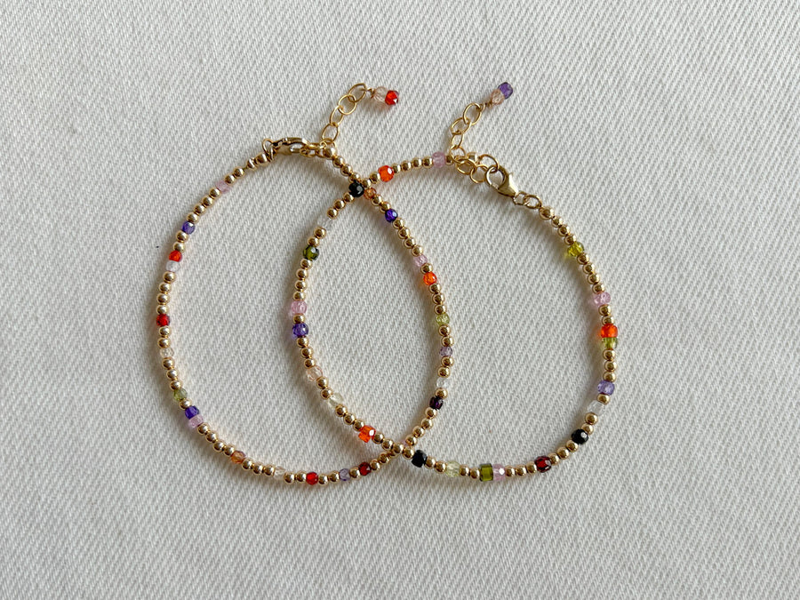 Gold Beaded Bracelet with Multi Colored Cubic Zirconia Accents, 3mm