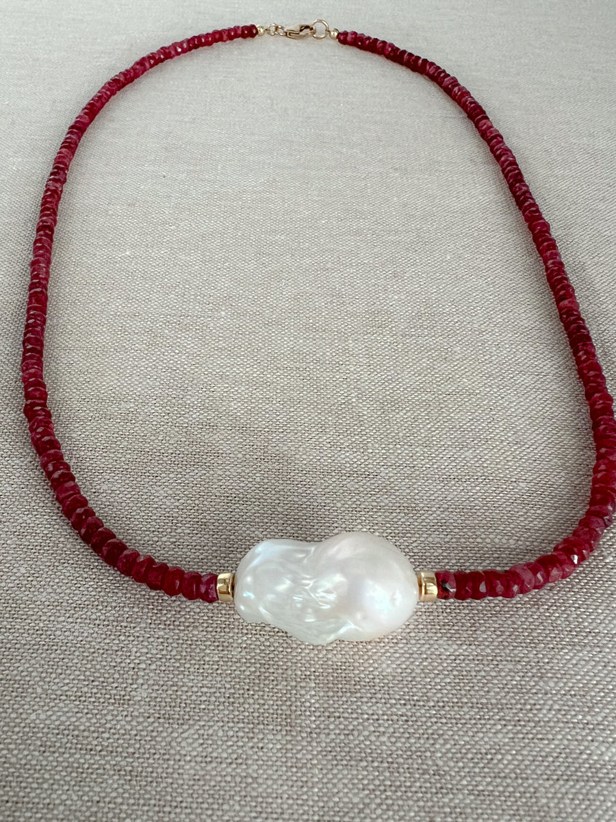 Ruby and Baroque Pearl Necklace