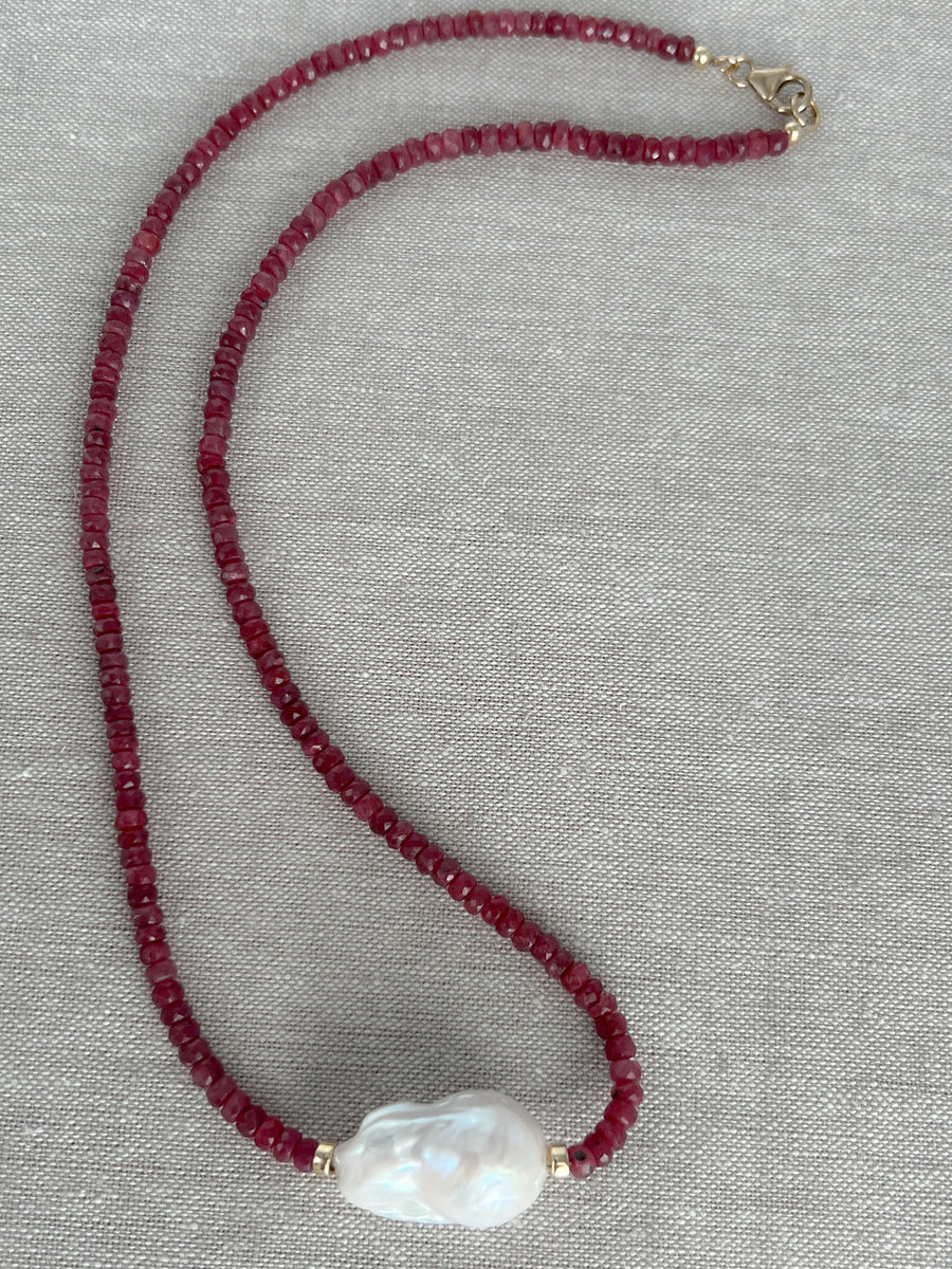 Ruby and Baroque Pearl Necklace