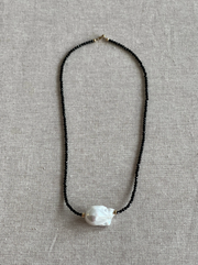 Black Spinel Necklace with Baroque Pearl Accent