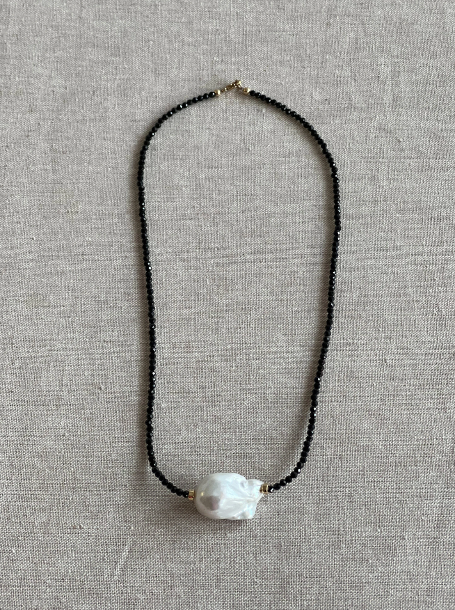 Black Spinel Necklace with Baroque Pearl Accent