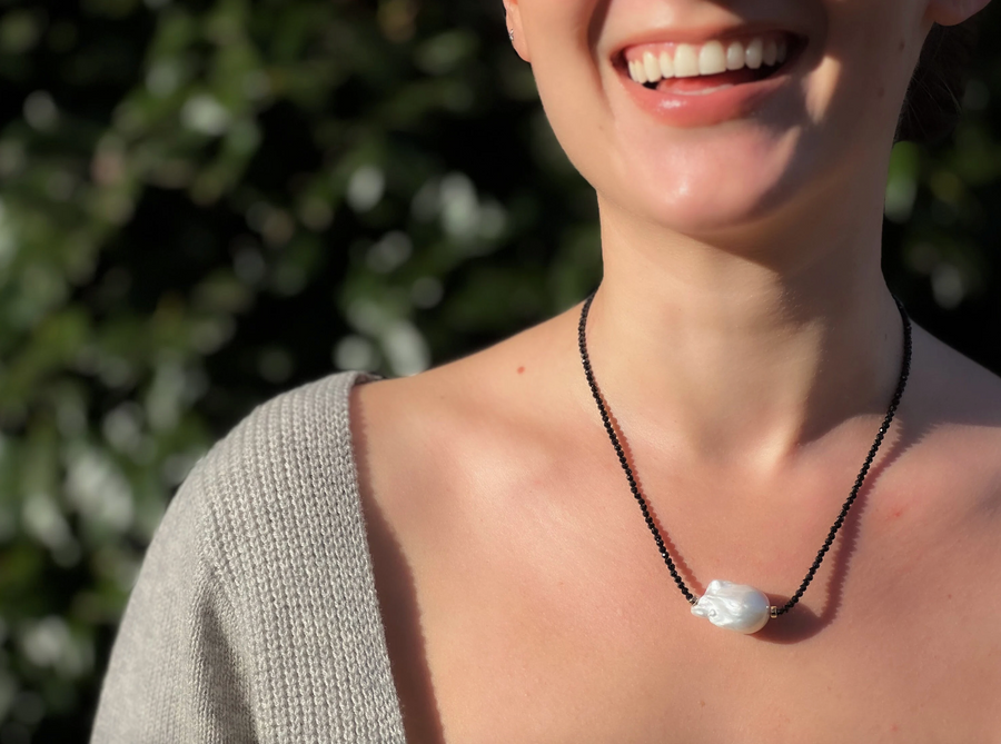 Black Spinel Necklace with Baroque Pearl Accent