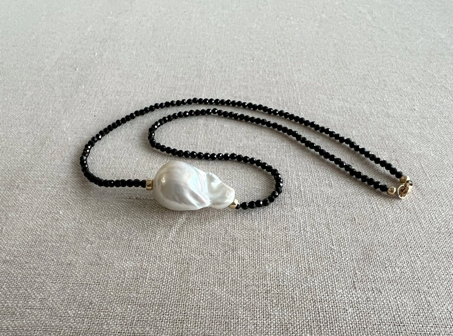 Black Spinel Necklace with Baroque Pearl Accent