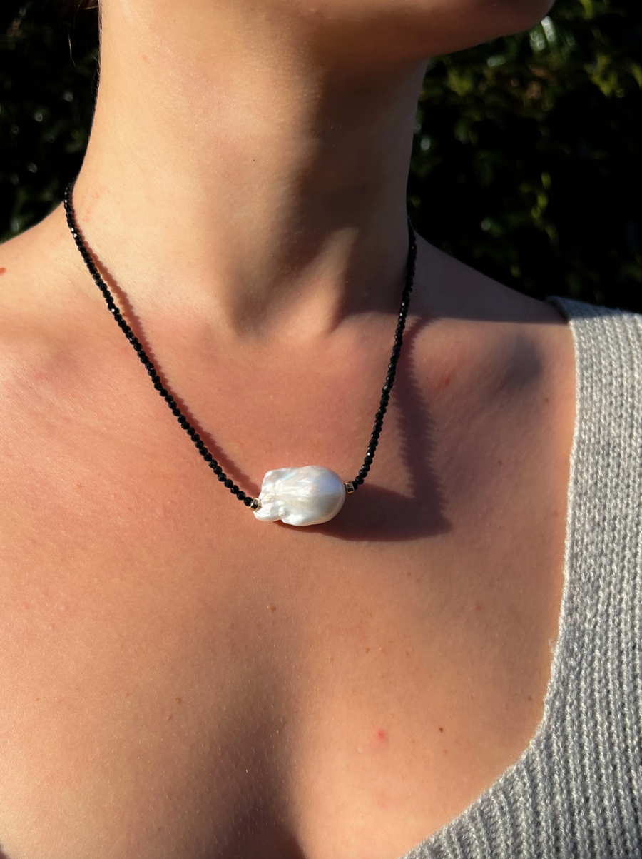 Black Spinel Necklace with Baroque Pearl Accent