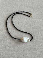 Black Spinel Necklace with Baroque Pearl Accent