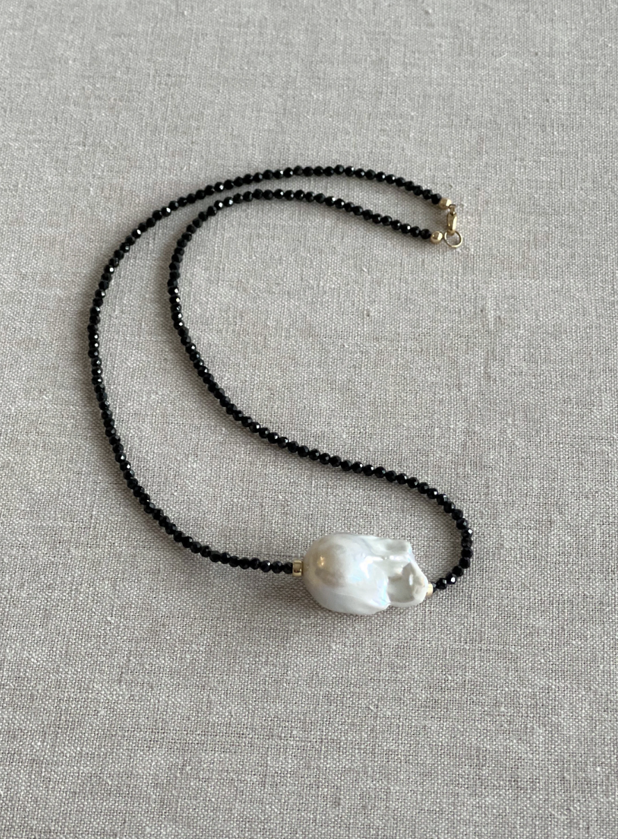 Black Spinel Necklace with Baroque Pearl Accent