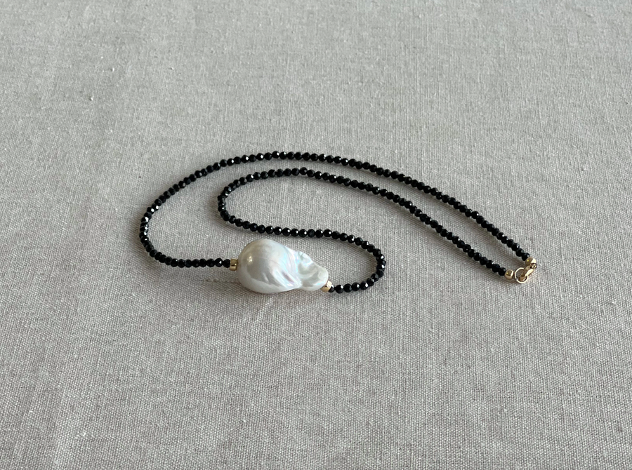 Black Spinel Necklace with Baroque Pearl Accent