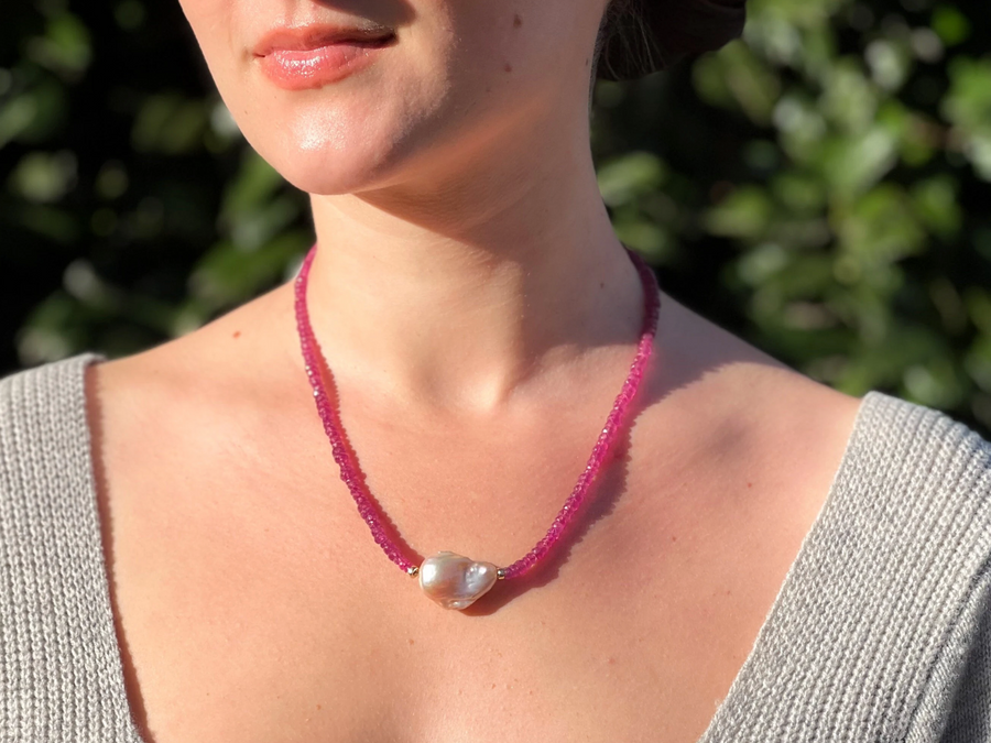 Ruby Necklace with Baroque Pearl Accent