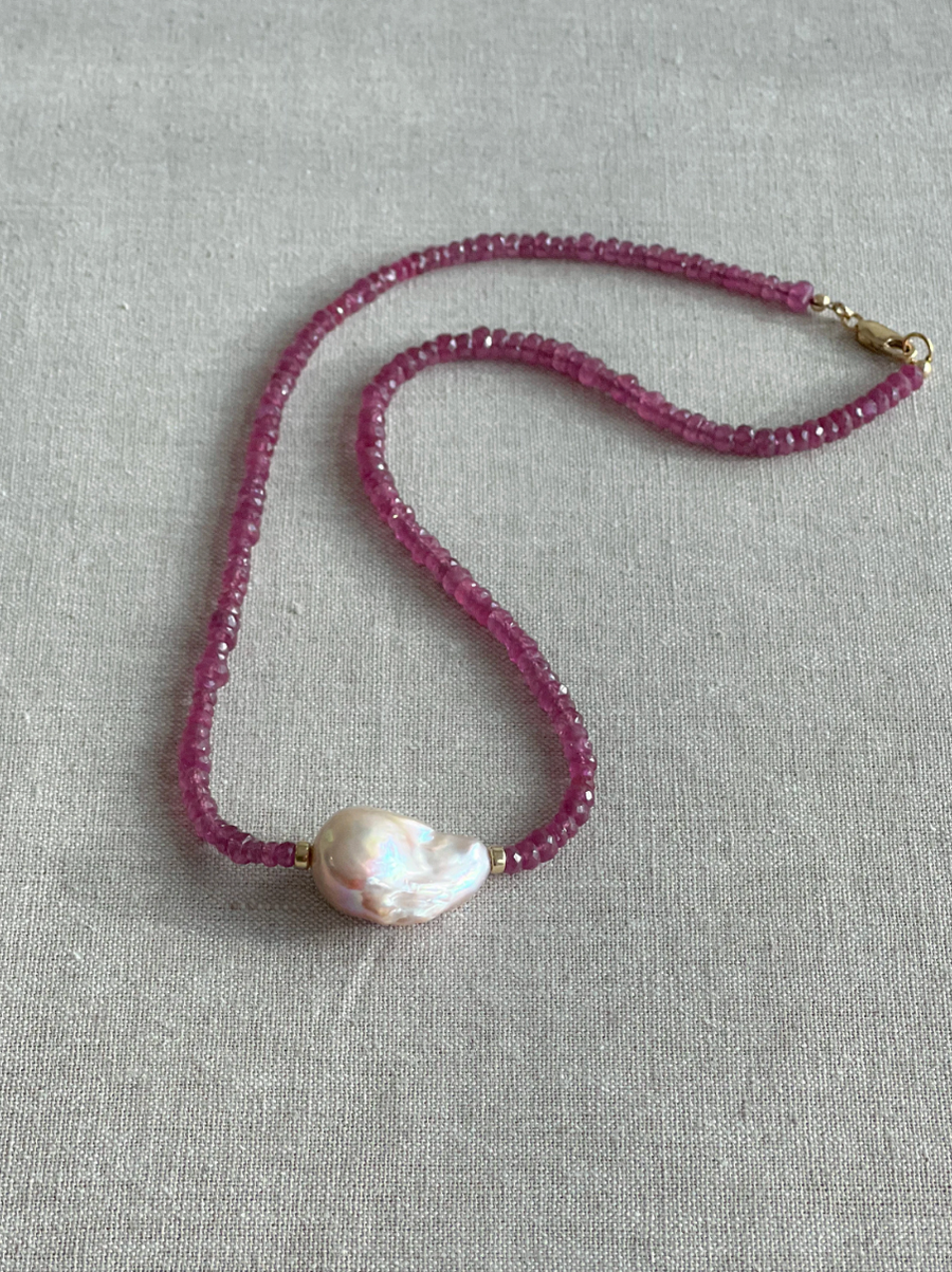 Ruby Necklace with Baroque Pearl Accent
