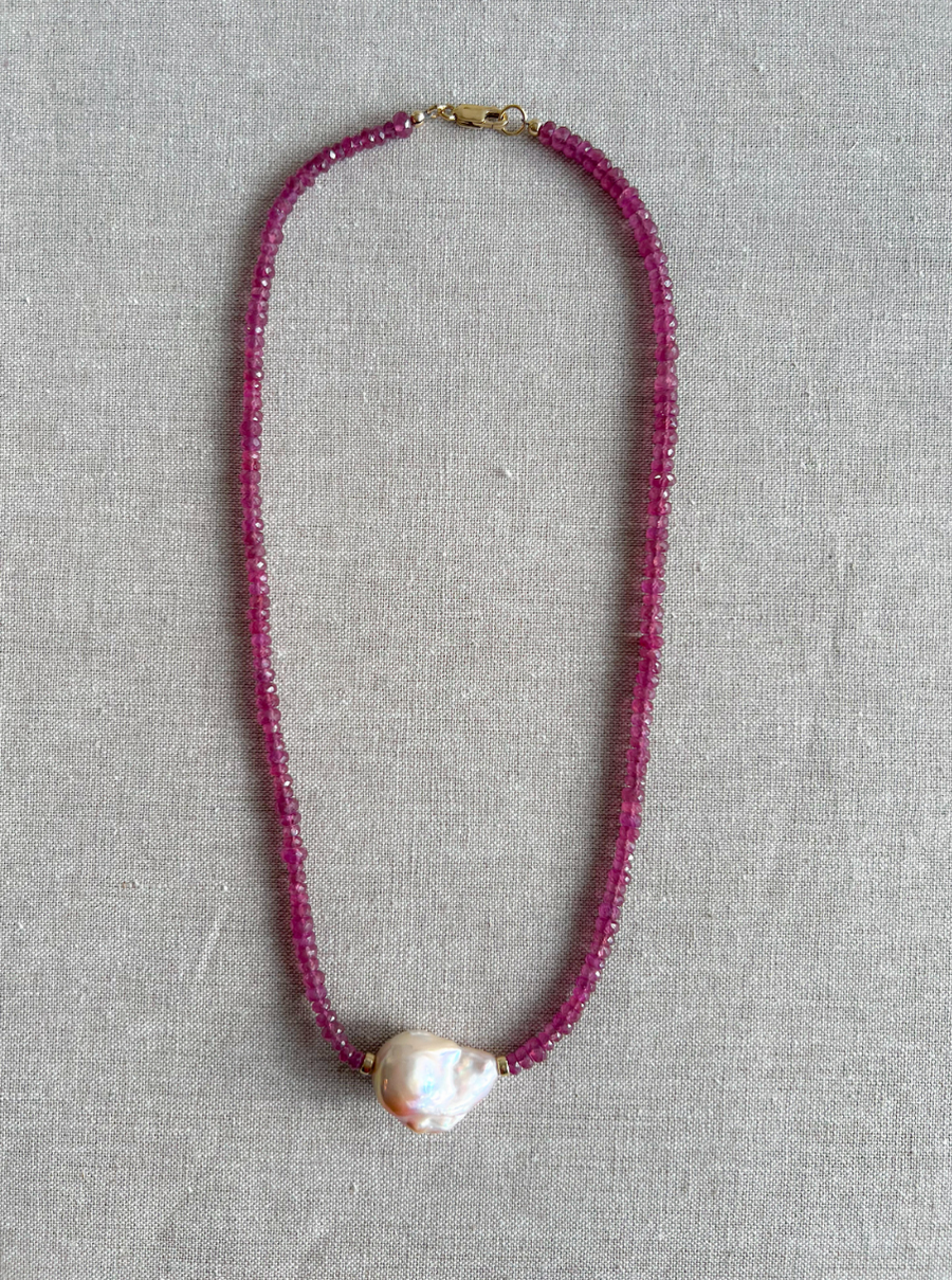 Ruby Necklace with Baroque Pearl Accent