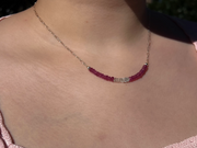 Dainty Silver Necklace with Ruby and Aquamarine Focal Bar