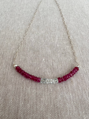 Dainty Silver Necklace with Ruby and Aquamarine Focal Bar