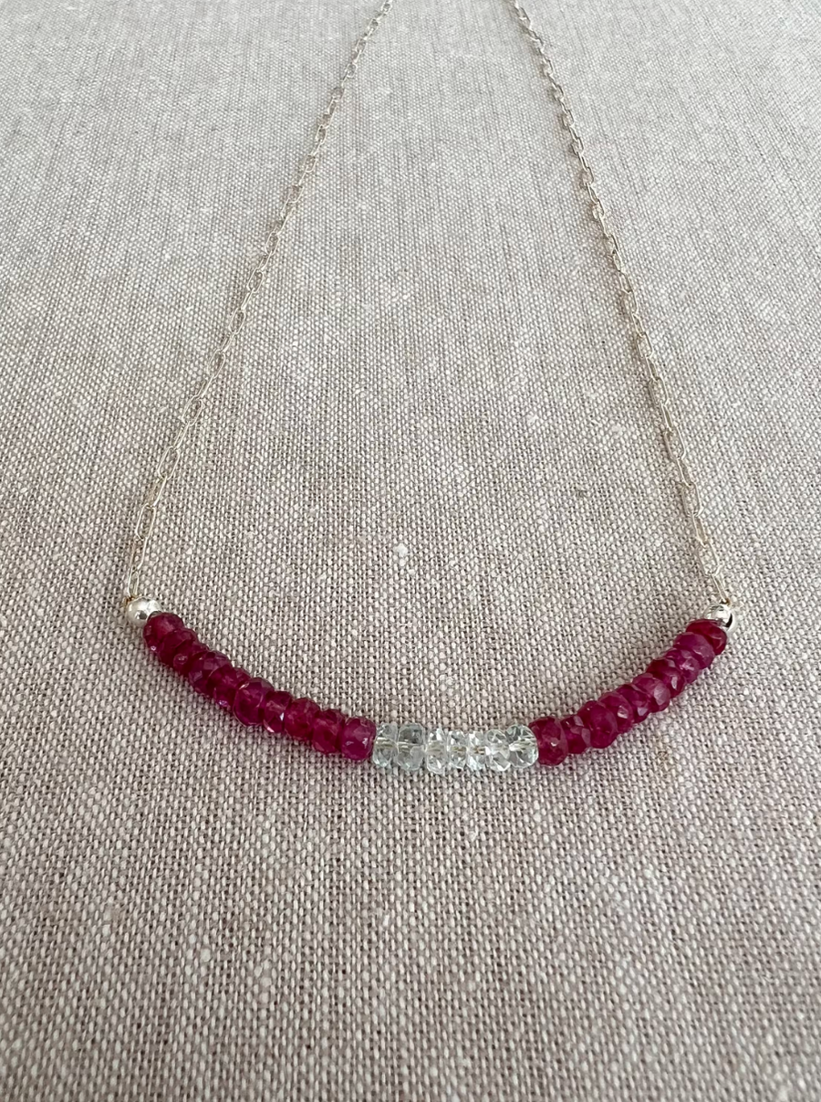 Dainty Silver Necklace with Ruby and Aquamarine Focal Bar