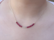 Dainty Silver Necklace with Ruby and Aquamarine Focal Bar