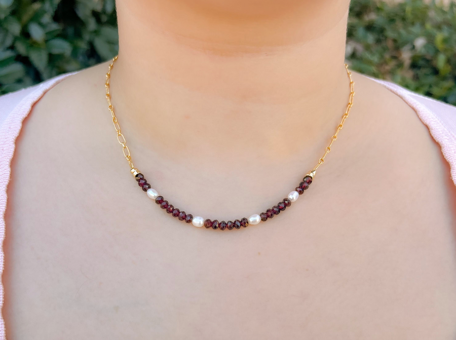 Garnets and Freshwater Pearls on Gold Filled Paperclip Chain