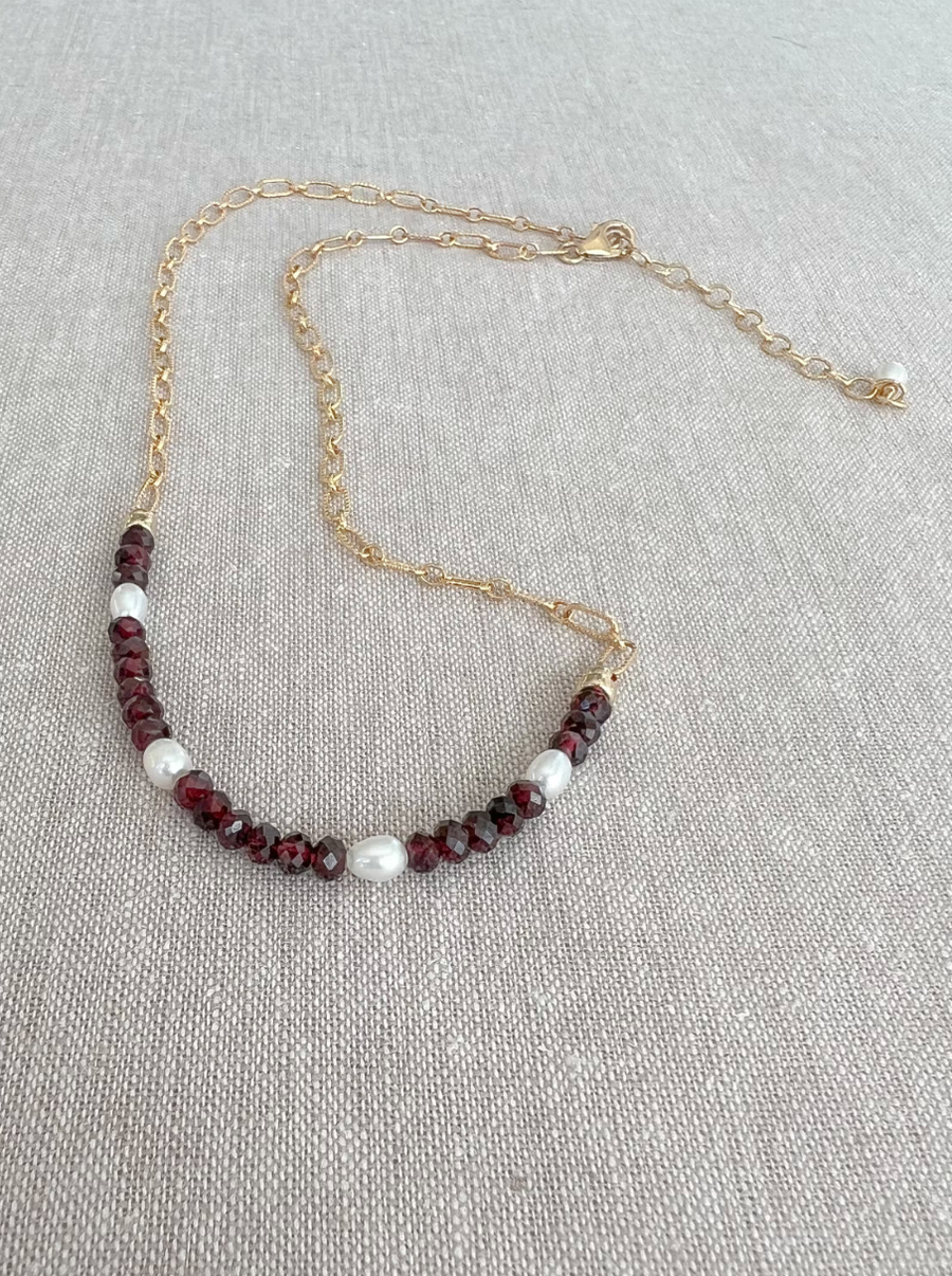 Garnets and Freshwater Pearls on Gold Filled Paperclip Chain