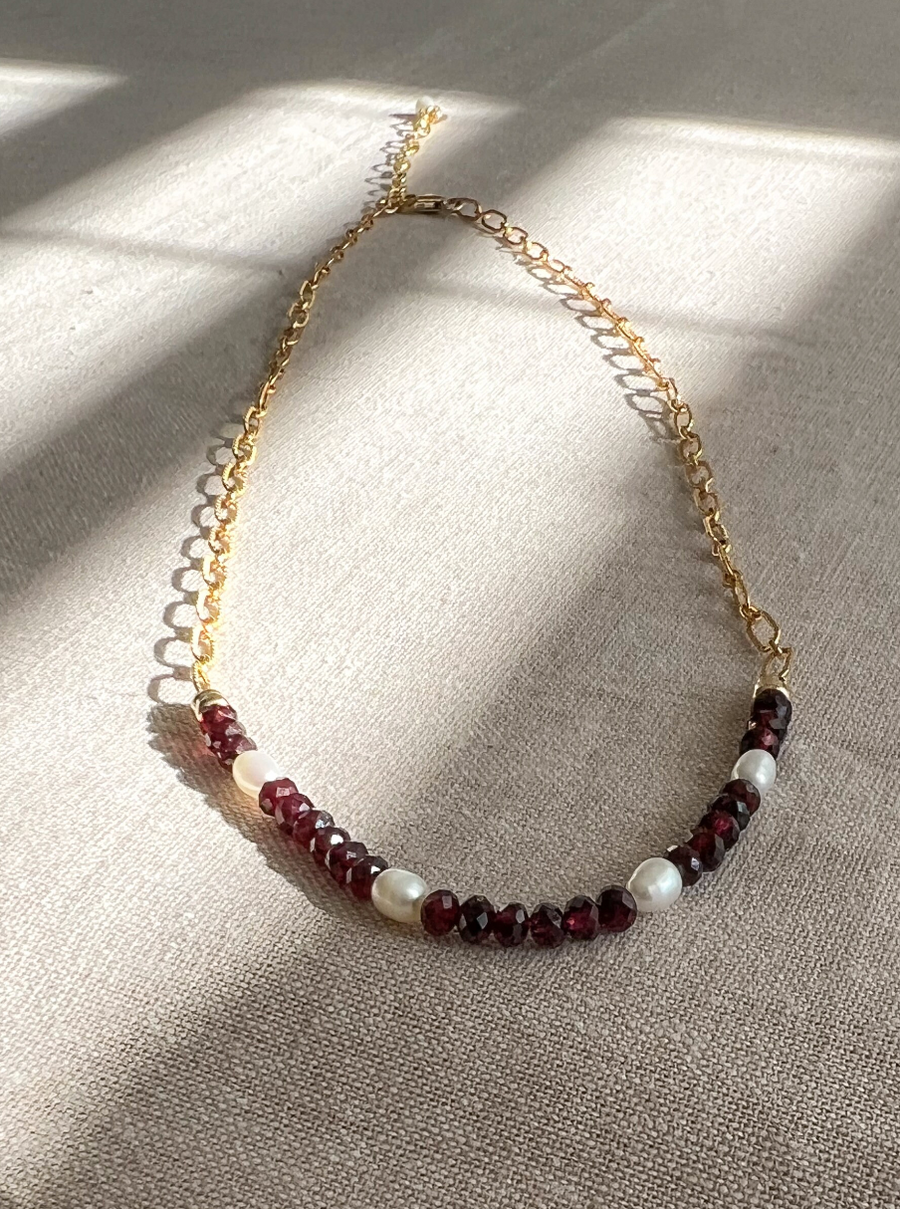 Garnets and Freshwater Pearls on Gold Filled Paperclip Chain