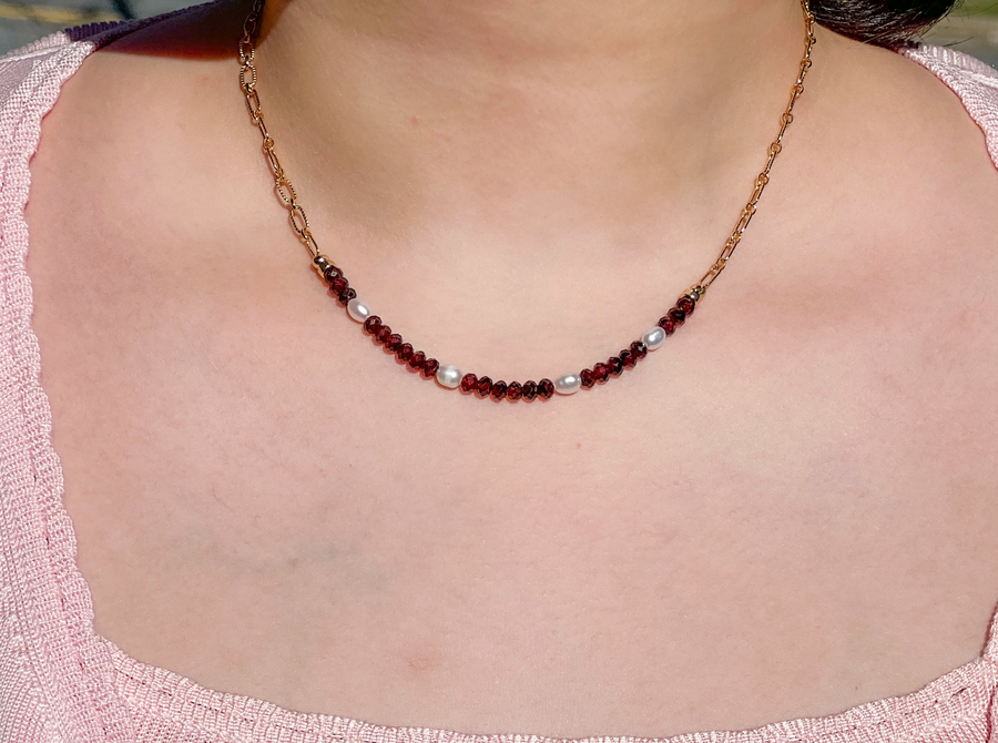 Garnets and Freshwater Pearls on Gold Filled Paperclip Chain