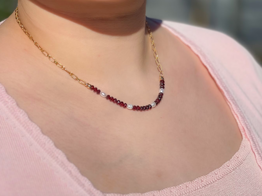 Garnets and Freshwater Pearls on Gold Filled Paperclip Chain
