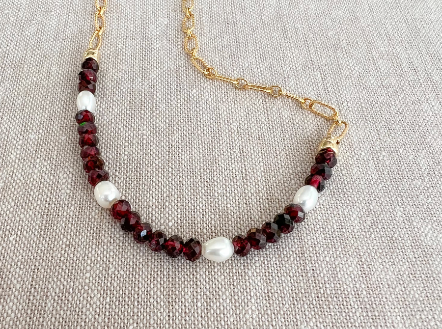 Garnets and Freshwater Pearls on Gold Filled Paperclip Chain