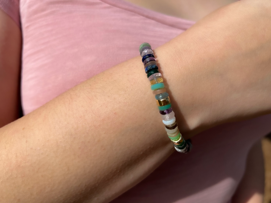 Mixed Gemstone Heishi Bracelet with Gold Accents