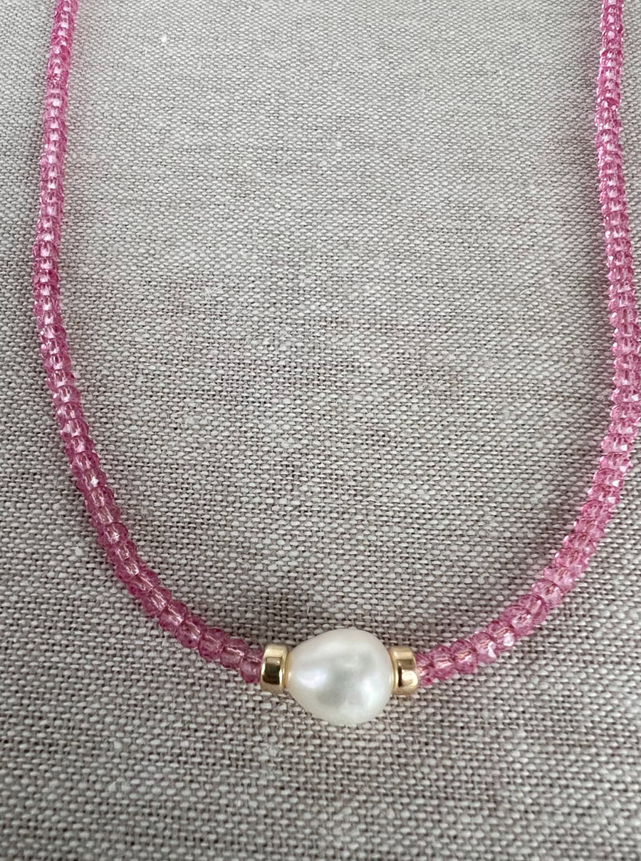 Pink Topaz Necklace with Freshwater Rice Pearl Accent