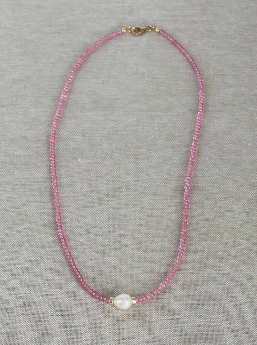 Pink Topaz Necklace with Freshwater Rice Pearl Accent