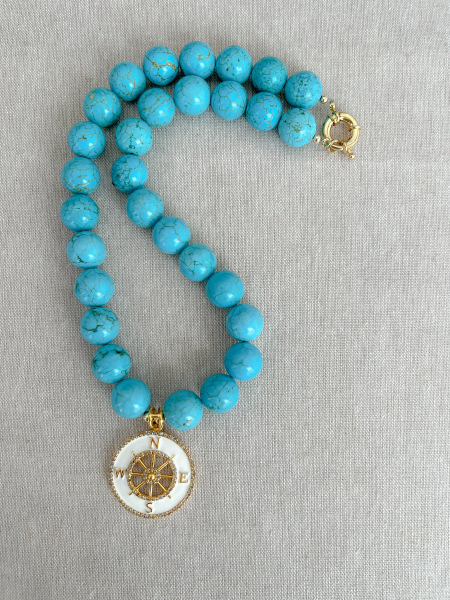 Turquoise Choker Necklace with Compass Pendant