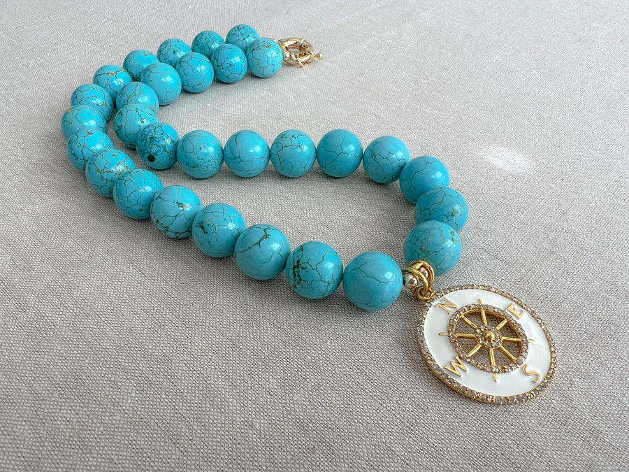 Turquoise Choker Necklace with Compass Pendant