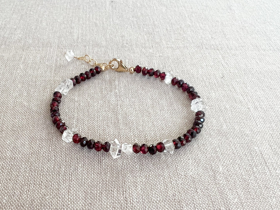 Garnet and Herkimer Diamond Bracelet, Gemstone Bracelet, January Birthstone, April Birthstone, Boho, Gift for Her, Handmade, Winter Jewelry