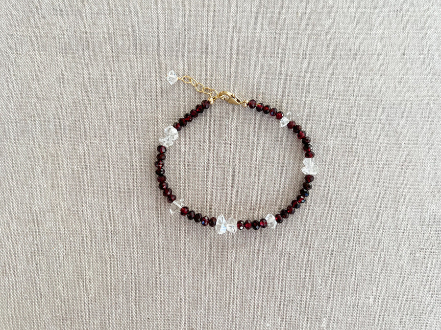 Garnet and Herkimer Diamond Bracelet, Gemstone Bracelet, January Birthstone, April Birthstone, Boho, Gift for Her, Handmade, Winter Jewelry
