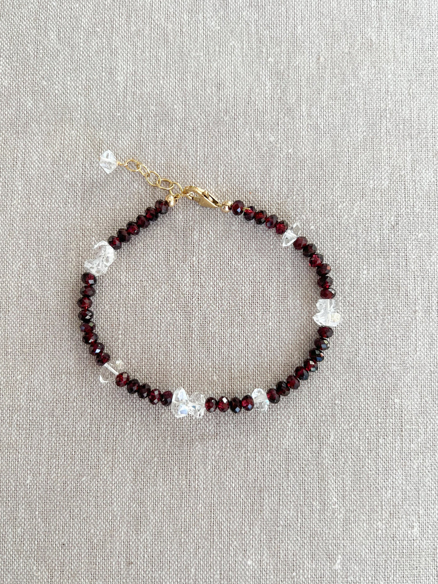 Garnet and Herkimer Diamond Bracelet, Gemstone Bracelet, January Birthstone, April Birthstone, Boho, Gift for Her, Handmade, Winter Jewelry