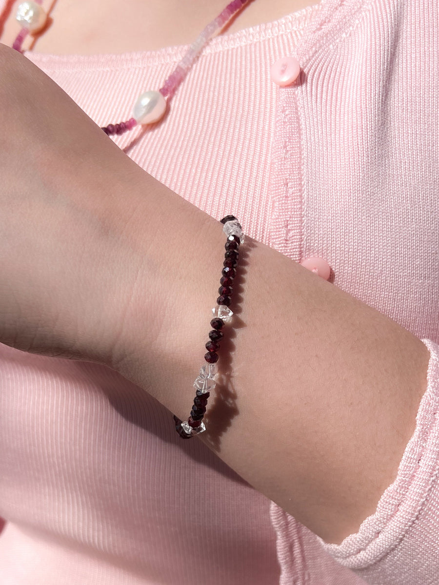 Garnet and Herkimer Diamond Bracelet, Gemstone Bracelet, January Birthstone, April Birthstone, Boho, Gift for Her, Handmade, Winter Jewelry