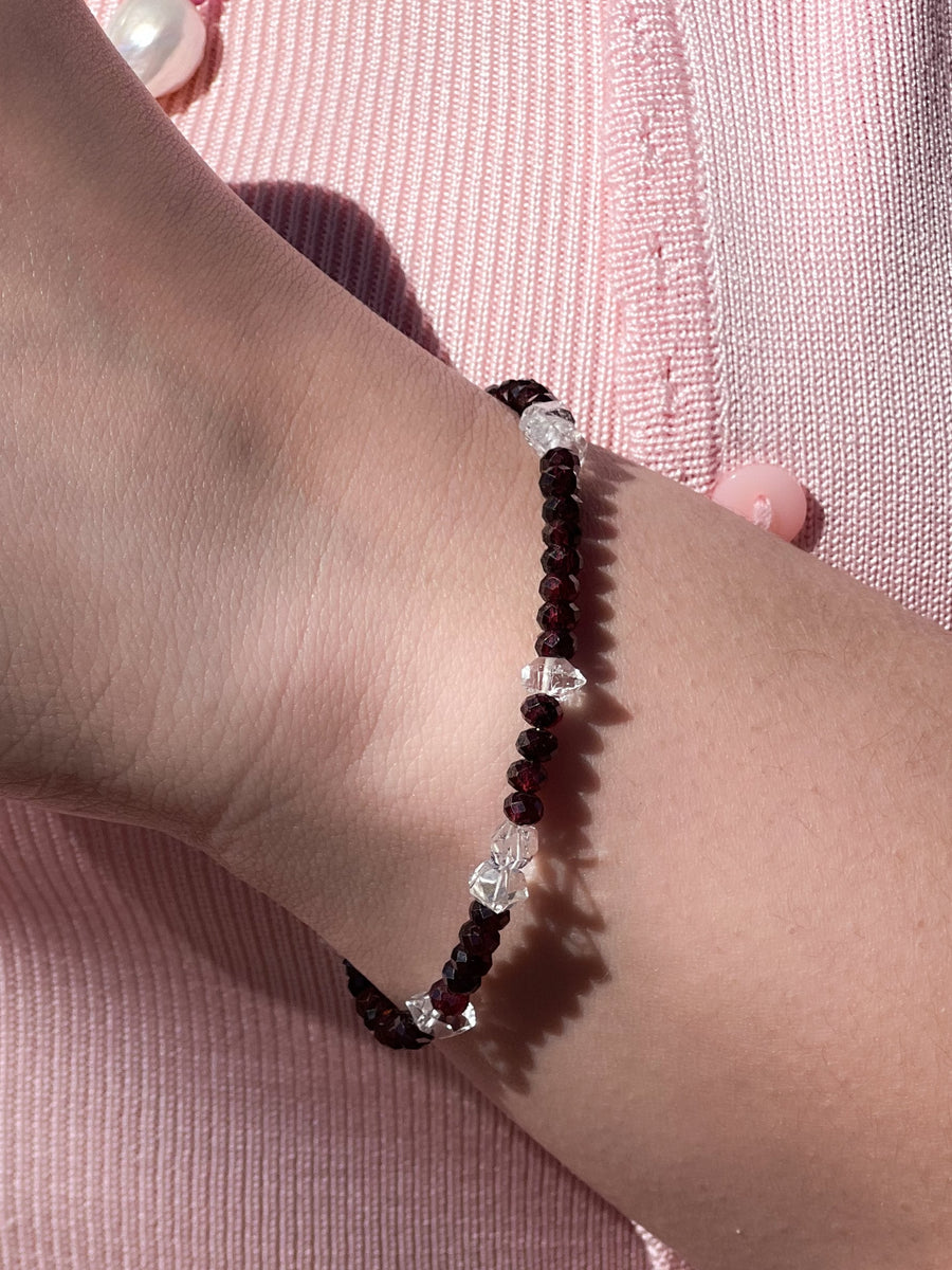 Garnet and Herkimer Diamond Bracelet, Gemstone Bracelet, January Birthstone, April Birthstone, Boho, Gift for Her, Handmade, Winter Jewelry