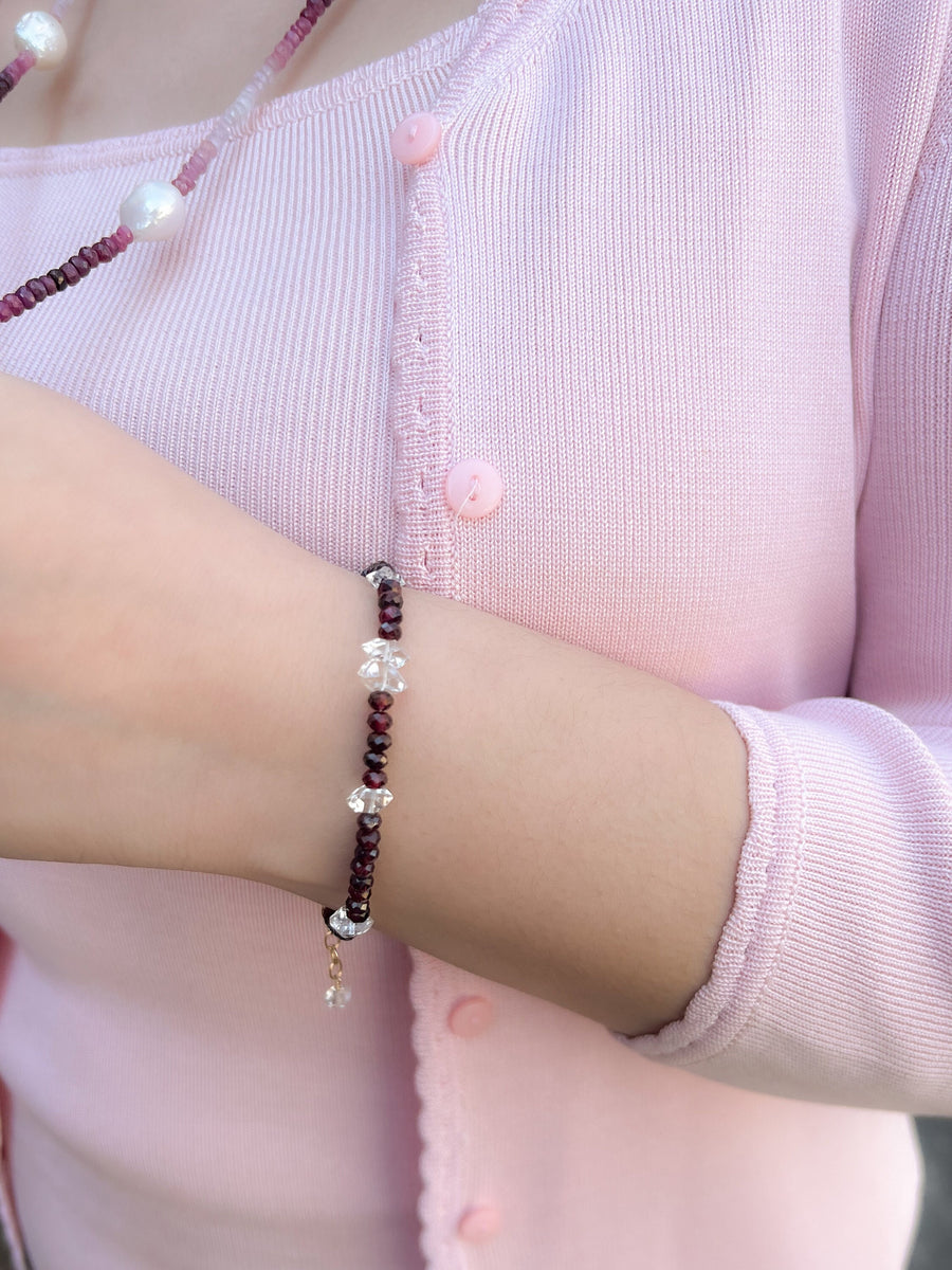 Garnet and Herkimer Diamond Bracelet, Gemstone Bracelet, January Birthstone, April Birthstone, Boho, Gift for Her, Handmade, Winter Jewelry