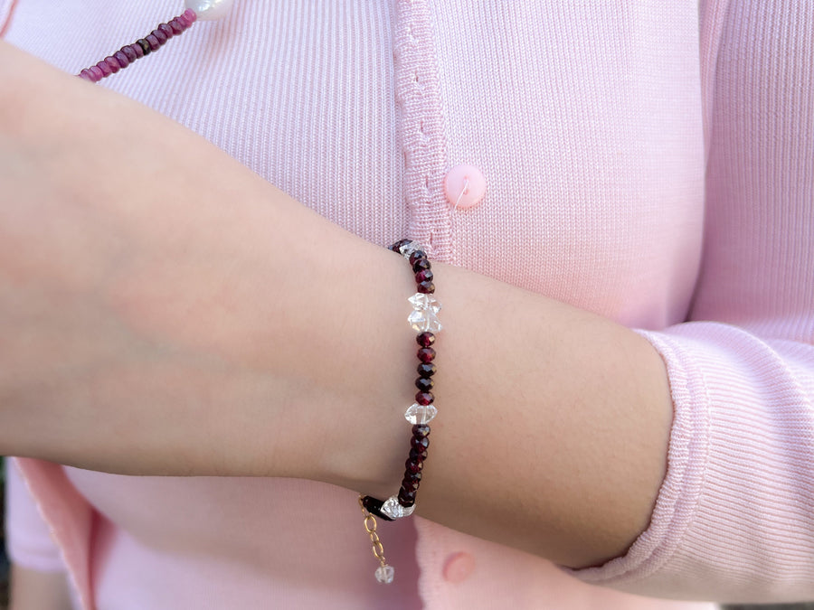 Garnet and Herkimer Diamond Bracelet, Gemstone Bracelet, January Birthstone, April Birthstone, Boho, Gift for Her, Handmade, Winter Jewelry
