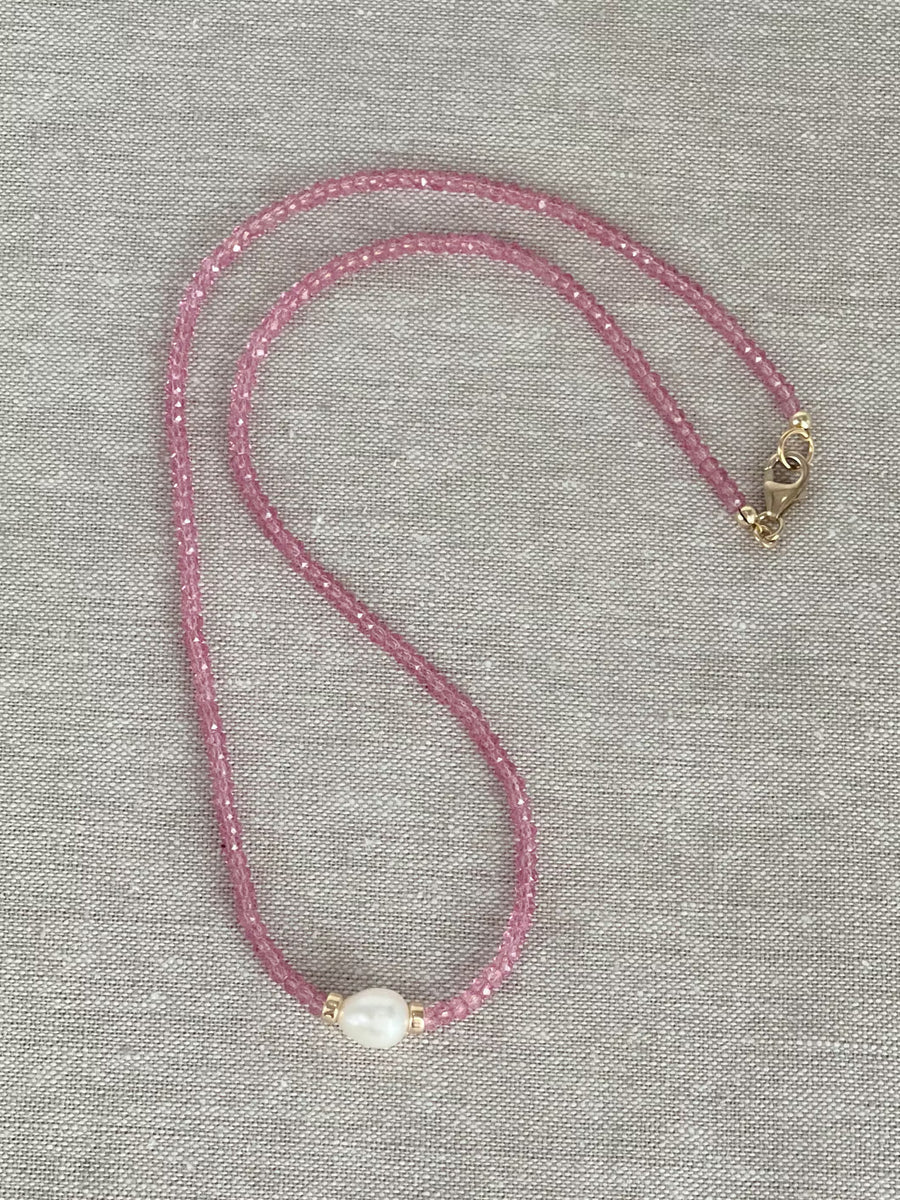 Pink Topaz Necklace with Freshwater Rice Pearl Accent