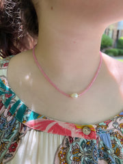 Pink Topaz Necklace with Freshwater Rice Pearl Accent