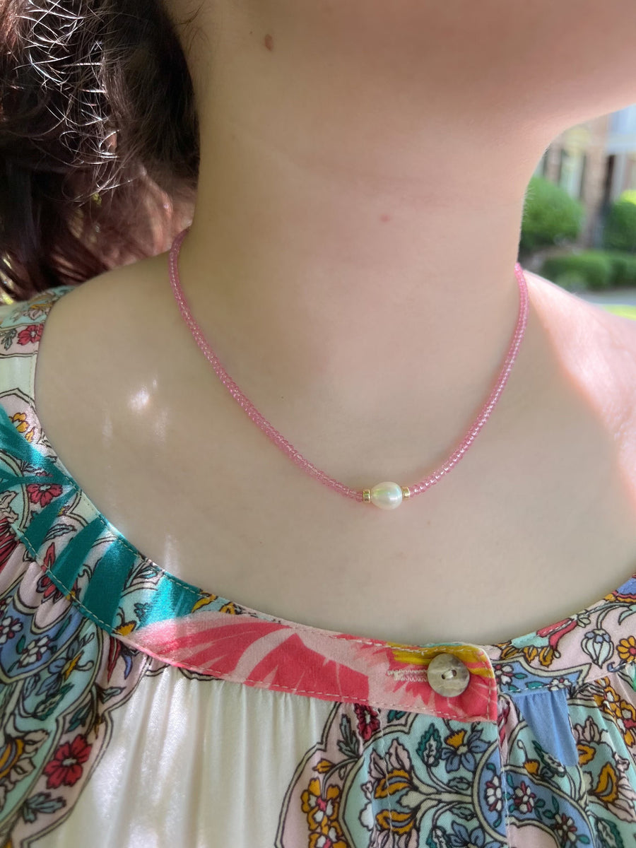 Pink Topaz Necklace with Freshwater Rice Pearl Accent