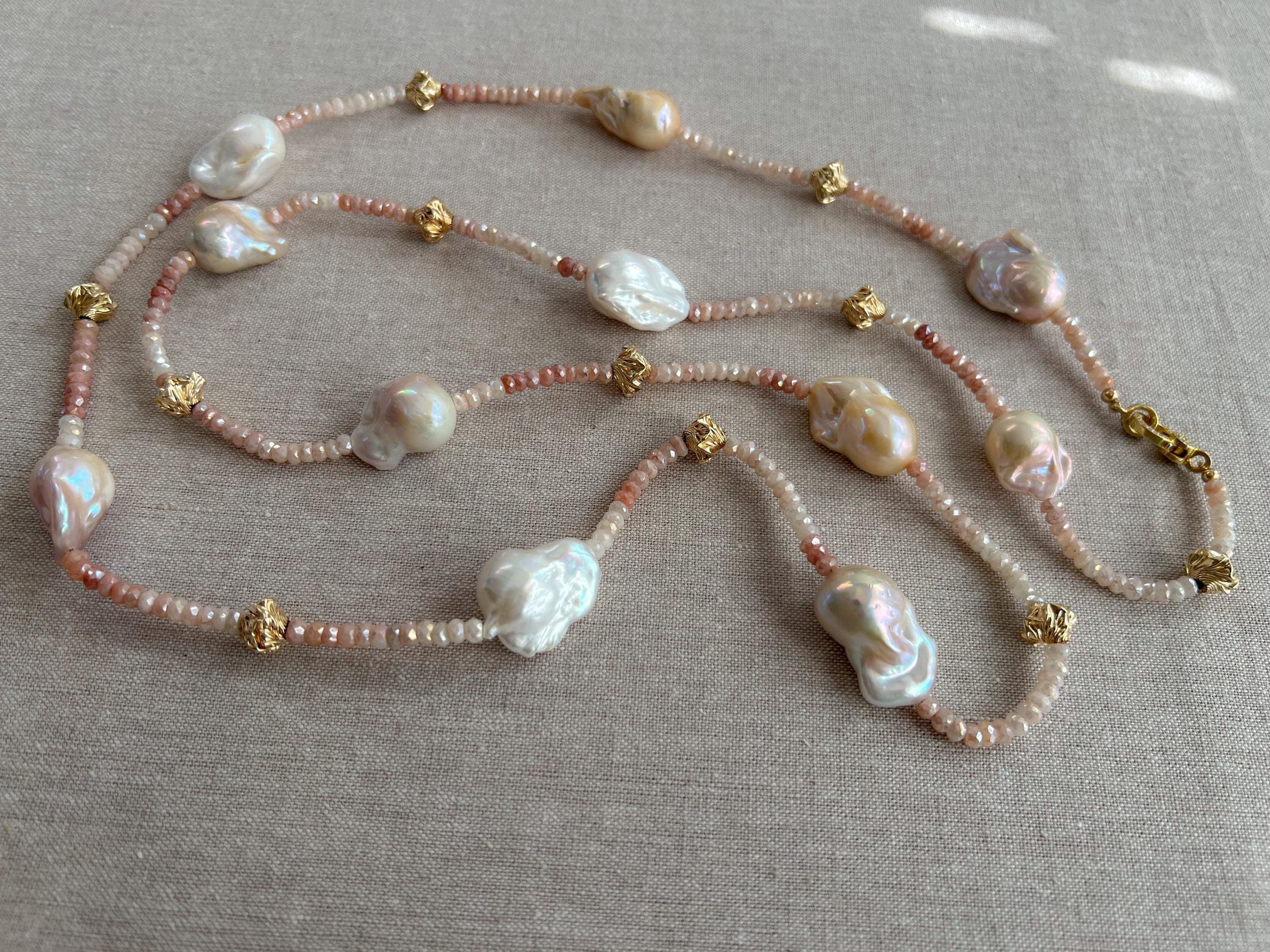 White Shaded Sapphire Lariat necklace with Freshwater Baroque Pearl Ends