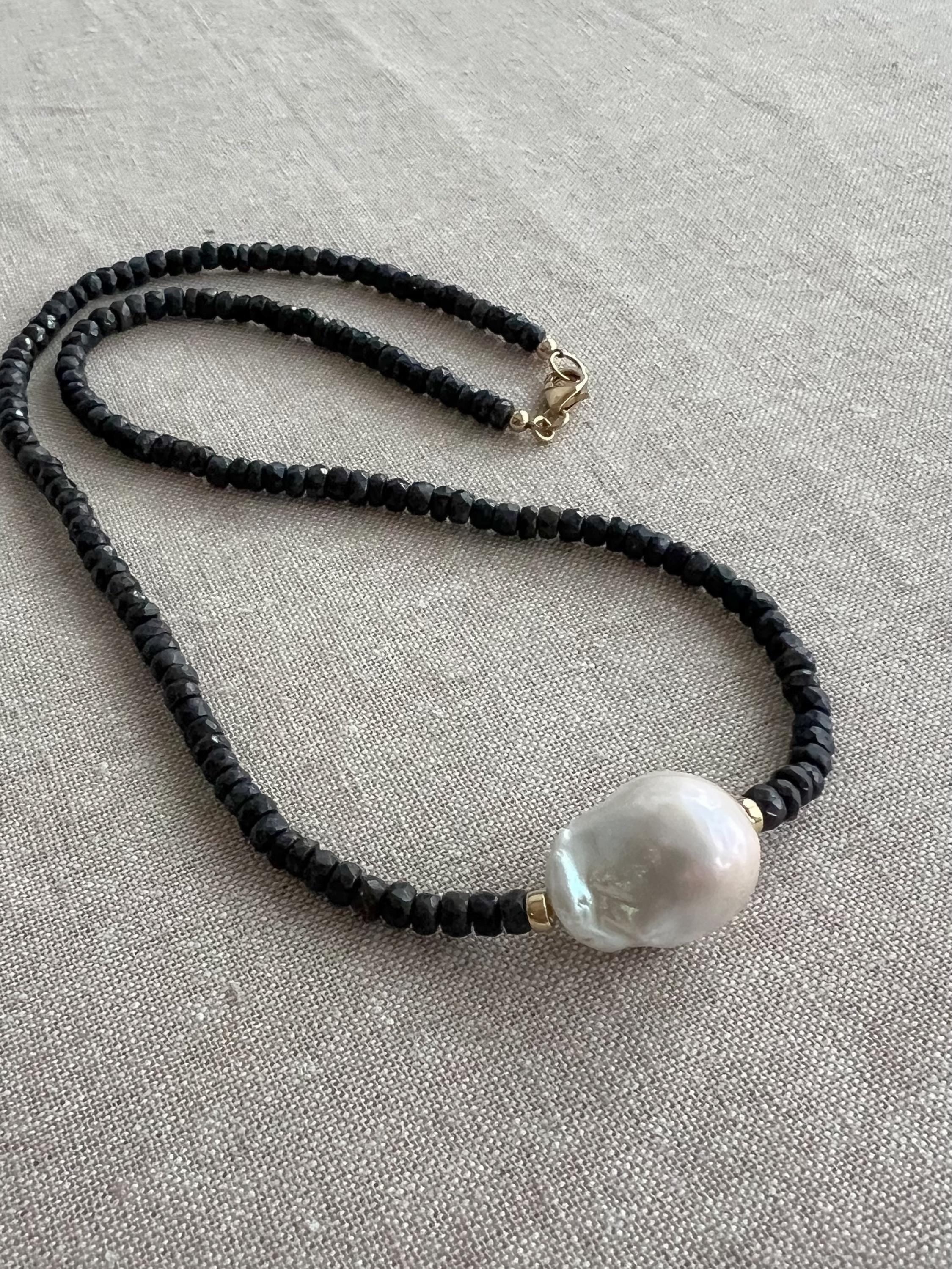 Sapphire Necklace with Baroque Pearl Accent, AA Sapphires