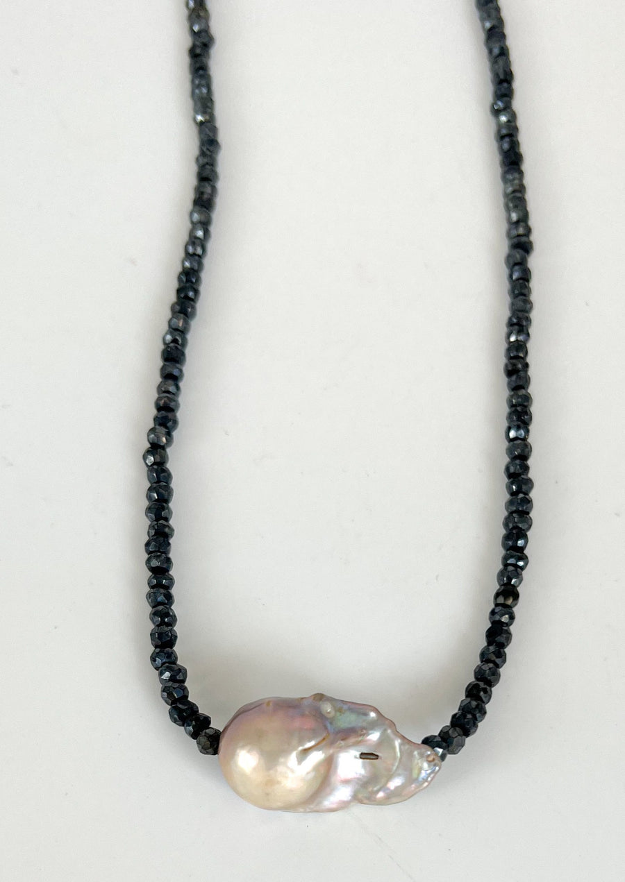 Baroque Pearl Necklace, Black Spinel, Short
