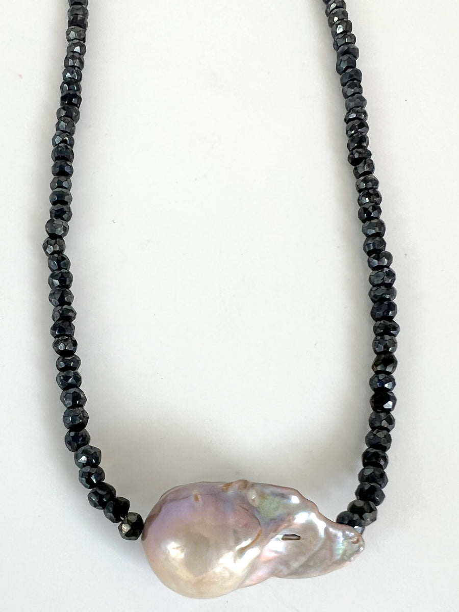 Baroque Pearl Necklace, Black Spinel, Short