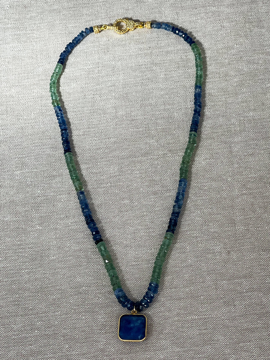 Blue and Green Kyanite Necklace with Lapis Pendant