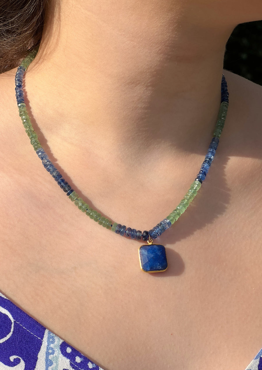 Blue and Green Kyanite Necklace with Lapis Pendant